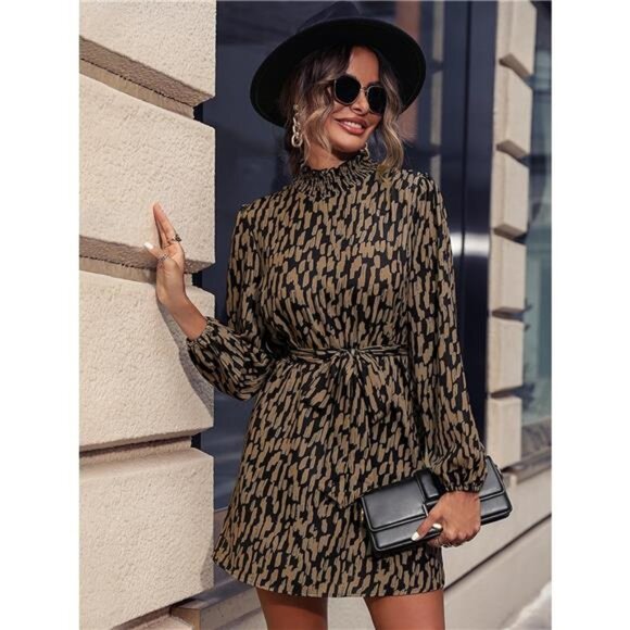Printed Tie Waist Long Sleeve Dress - Picture 1 of 5